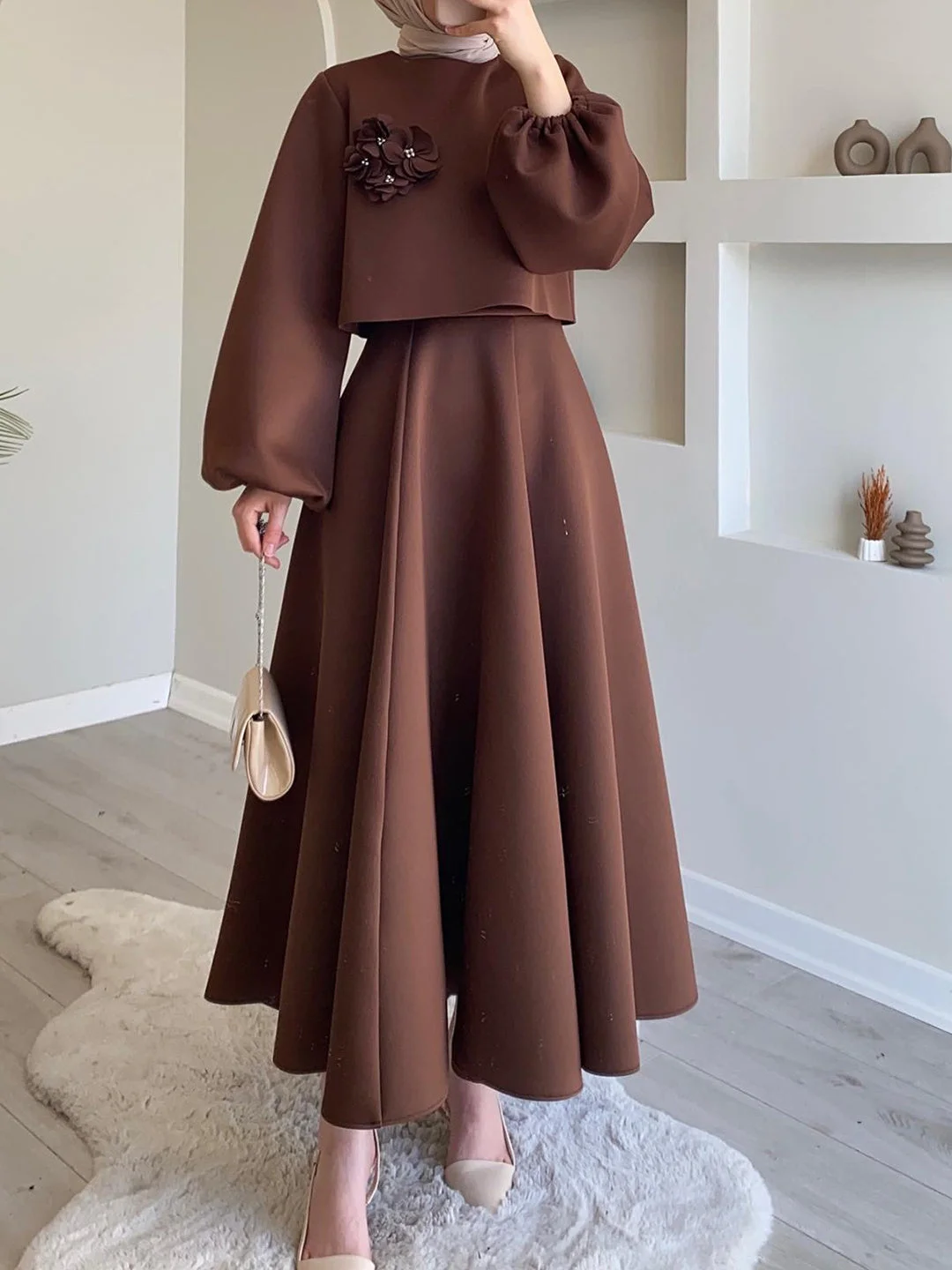 Style & Comfort for Mature Women Women Long Sleeve Scoop Neck Soild Dress Sets