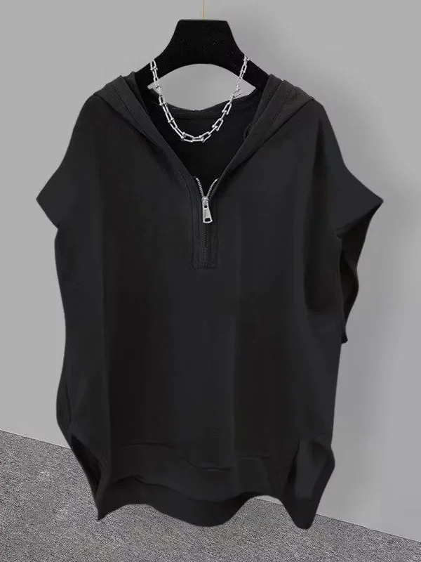 Men's Casual Half Zip Hooded Slit Hem Plain Tank Top