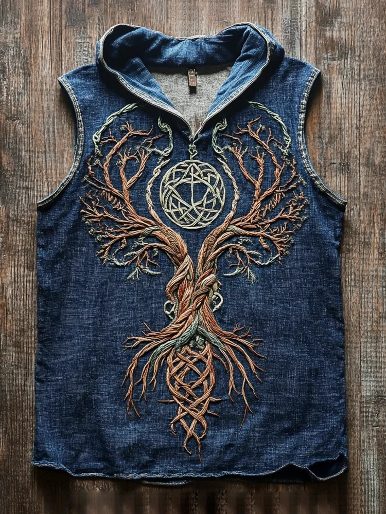 Viking Tree Of Life Vintage Embroidered Men's Hooded Tank Top
