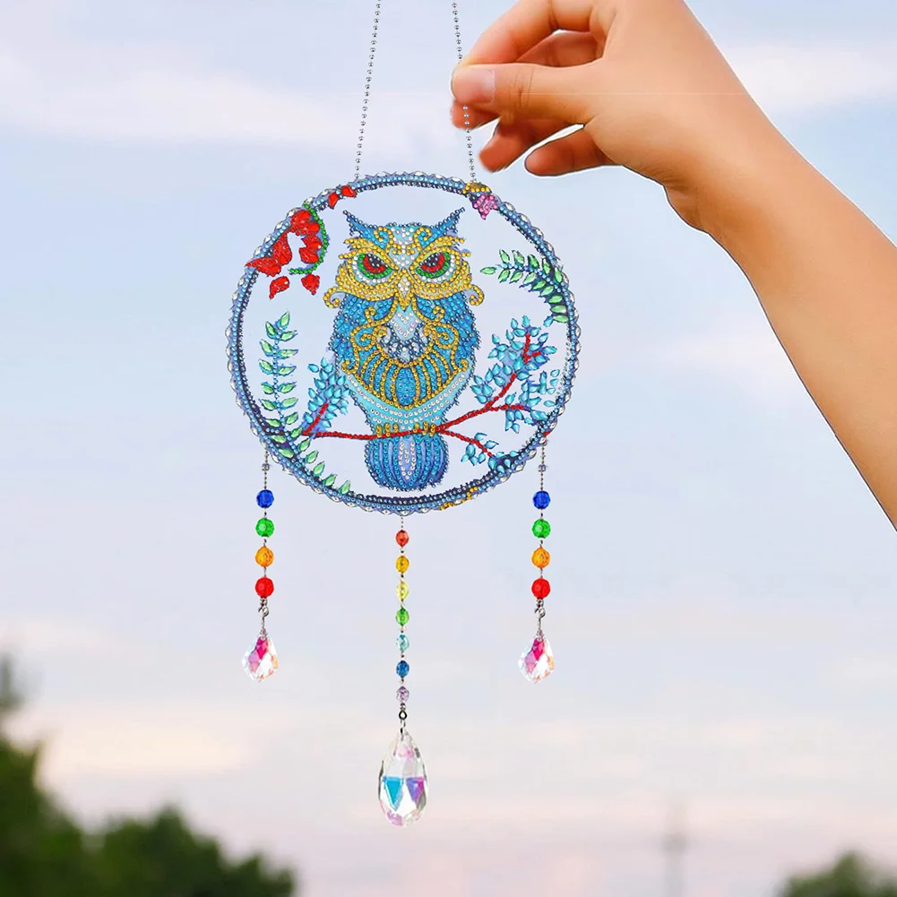 DIY Flower Owl Wind Chimes Wreath Diamond Crystal Painting Ornament for Home Wall Decor