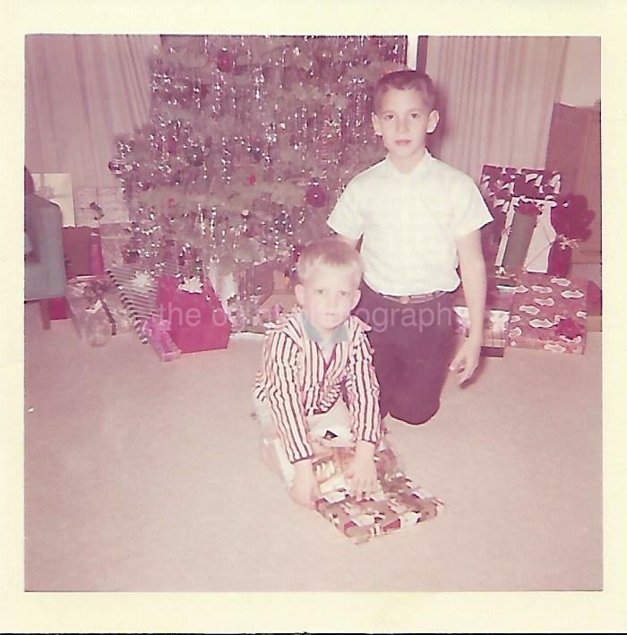 CHRISTMAS BOYS Tree FOUND Photo Poster painting ColorOriginal VINTAGE 03 13 S