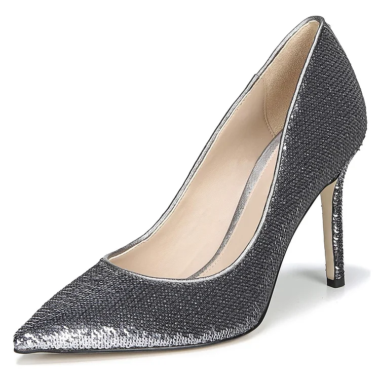 Grey Sparkling Heels Pointed Toe Sequin Stiletto Pumps for Women |FSJ Shoes