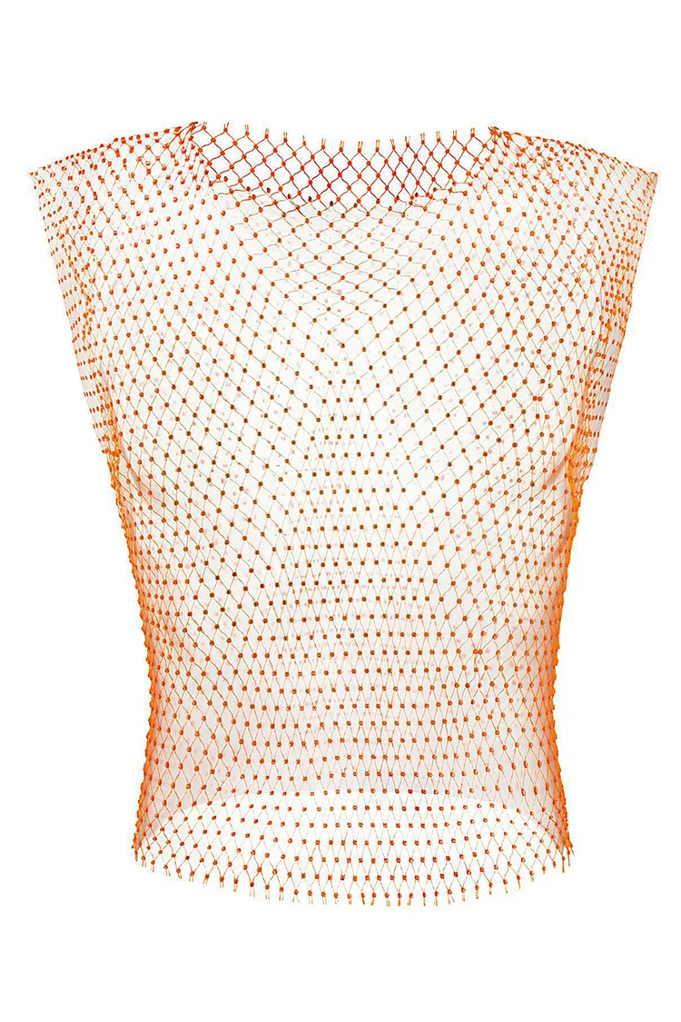Rhinestone See Through Fishnet Hollow Out Tank Top Shorts Two Piece Set