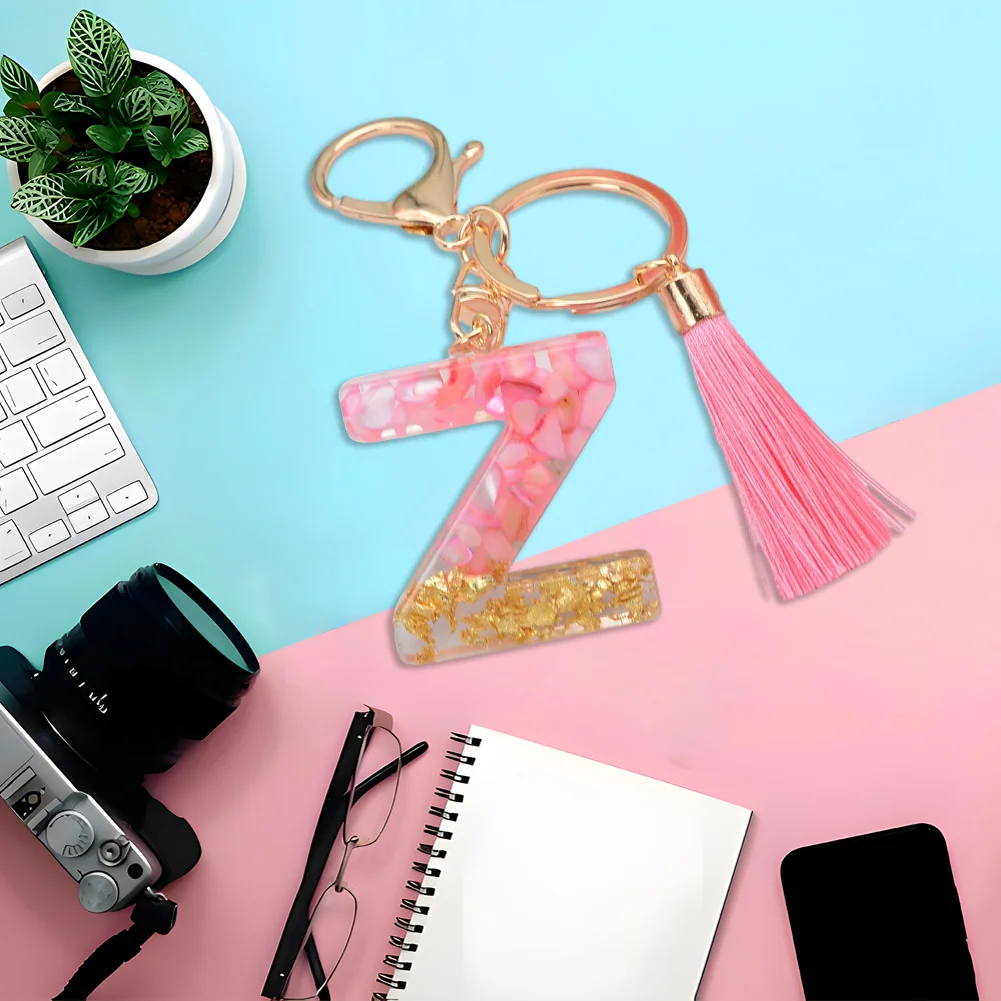 Resin Initial Key Ring with Tassel Alphabet Keyring for Car Keys Wallet Handbags