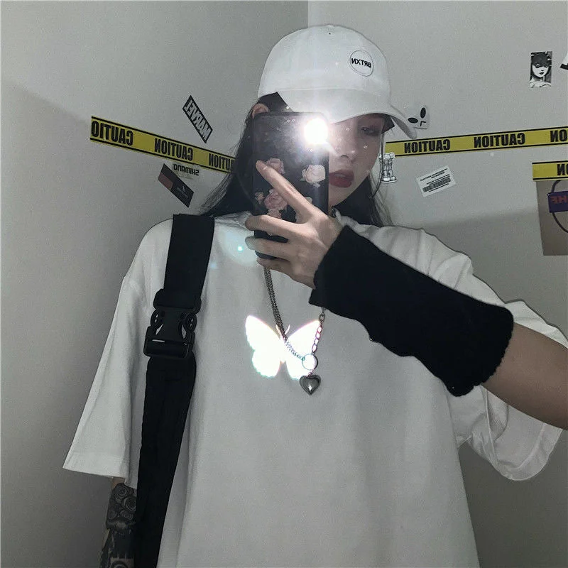 T-shirts Women Short Sleeve Reflective Butterfly Print Crop Tops Couple Brandy Streetwear Chic Casual Loose Fashion Vintage Tees