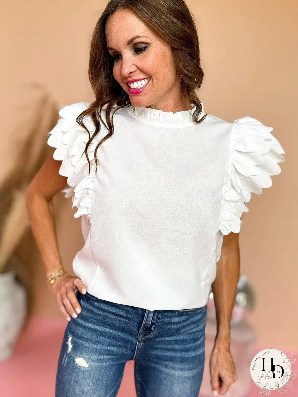 White Mock Neck Blouse with Ruffles