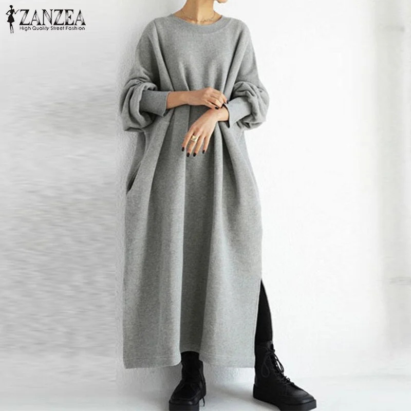 ZANZEA Autumn Winter Sundress Casual Long Sleeve Loose Sweatshirt Dress Split Hem Long Vestidos Solid Baggy Fleece Pullover