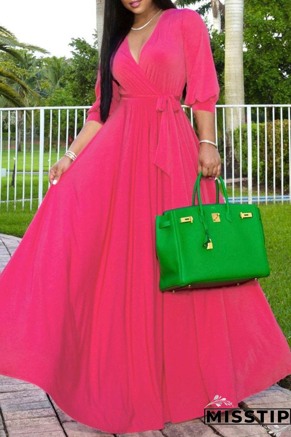 Rose Red Fashion Casual Solid Bandage V Neck Long Sleeve Dresses