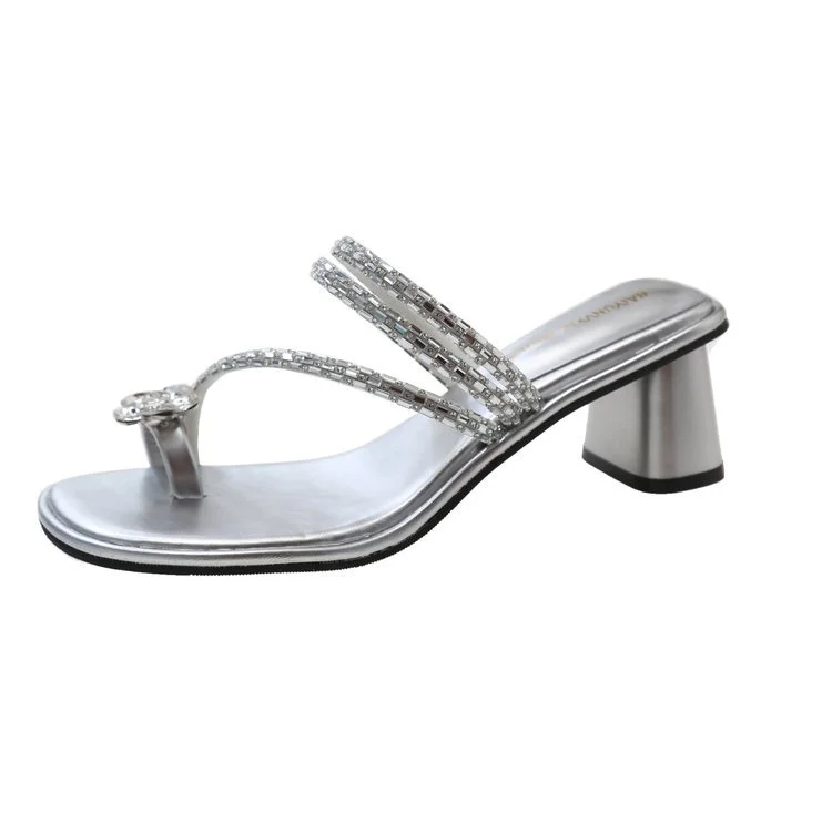 Wongn Wongn Summer New Fashion Rhinestone Flowers With Thick Heel Cool Drag High Heel Slippers Women's Shoes