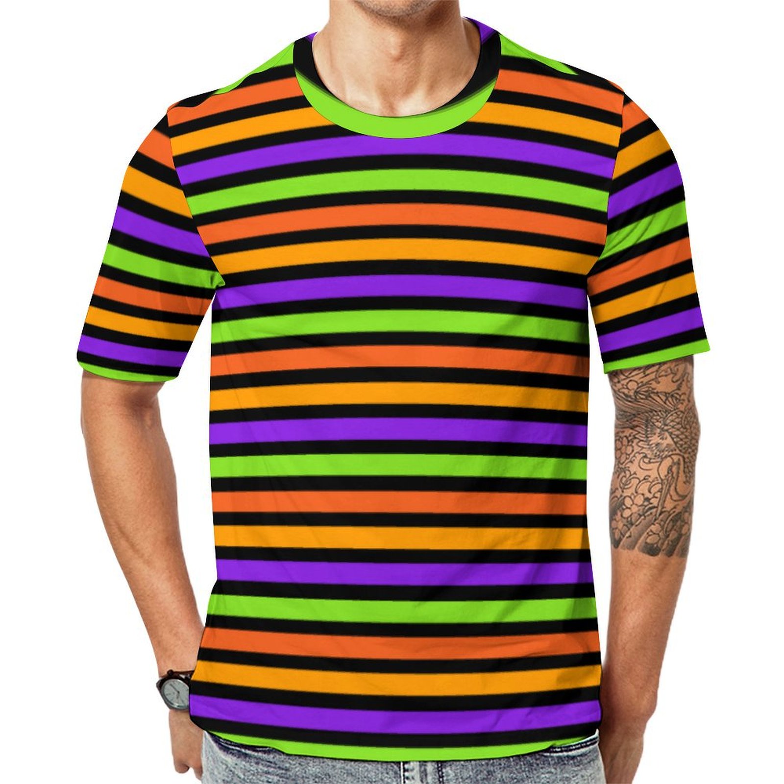 Halloween Candy Colors Striped Short Sleeve Print Unisex Tshirt Summer Casual Tees for Men and Women Coolcoshirts