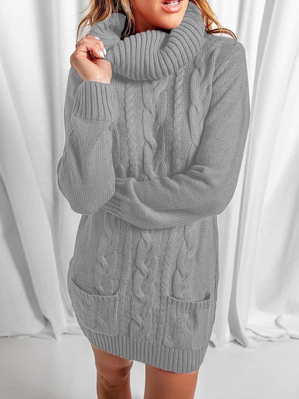 Women Long Sleeve Turtle Neck Soild Pockets Knit Sweaters Midi Dress
