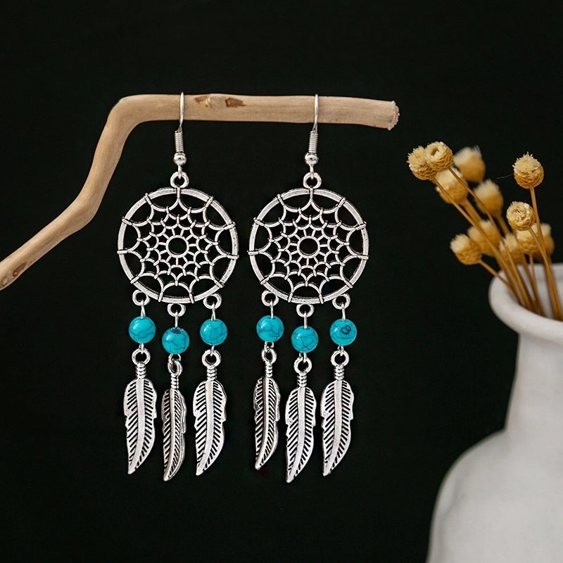 Bohemian Blue Turquoise National Style Earrings Imitation Miao Silver Metal Earrings Vintage Tassel Earrings