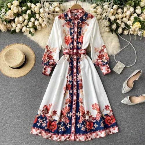 Fitaylor New Spring Autumn Women Vintage Stand Collar Floral Print Dress Elegant Single Breasted Bohemia Long Dress with Belt