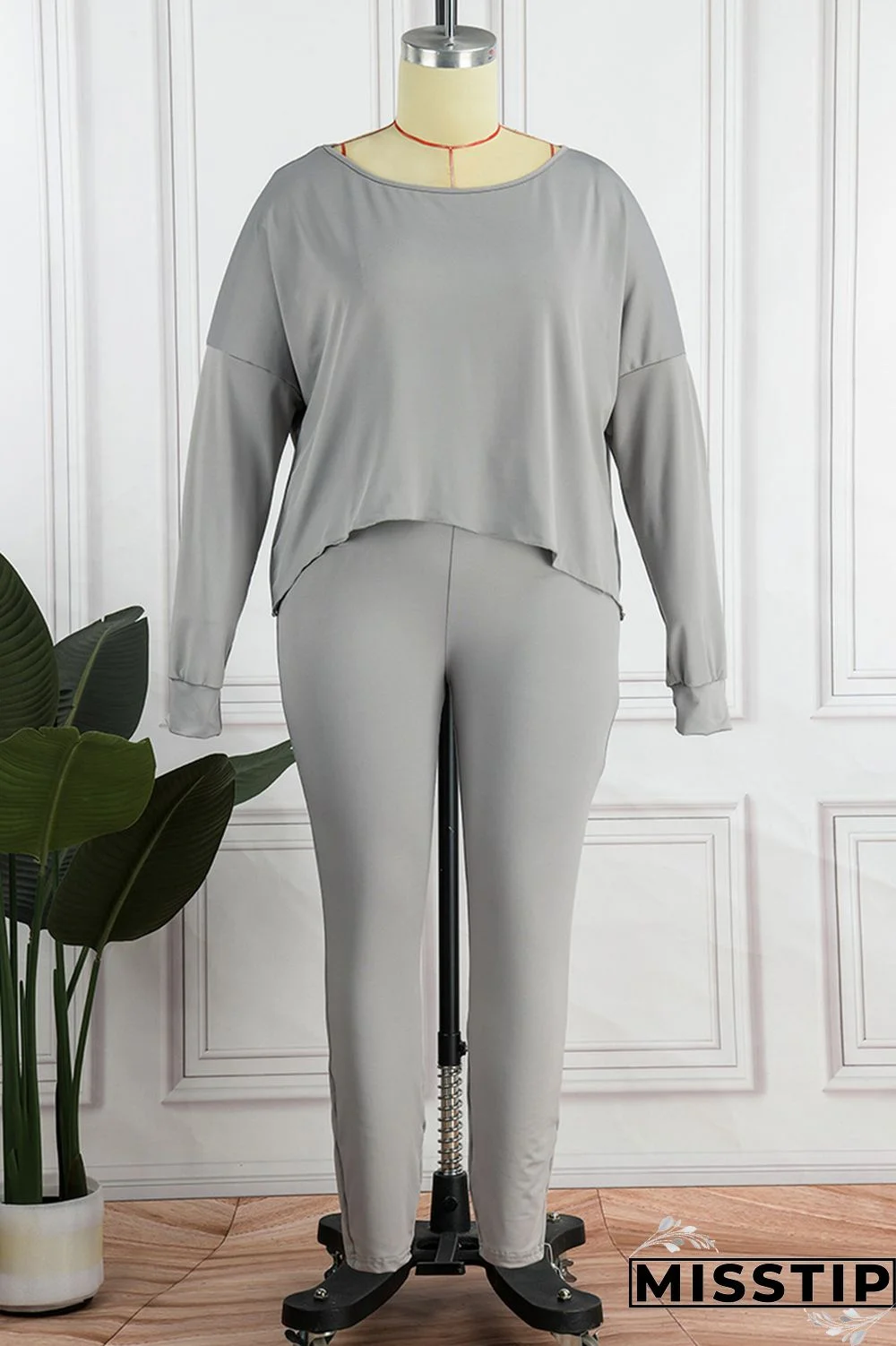 Grey Casual Solid Patchwork O Neck Plus Size Two Pieces