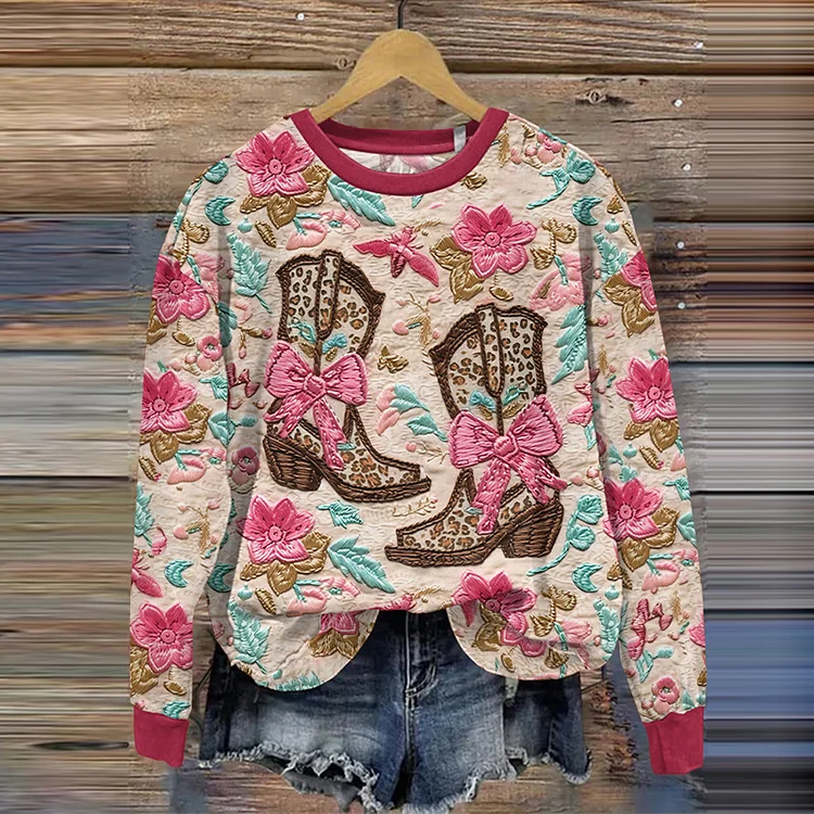 VChics Vintage Western Boots and Floral Printed Casual Sweatshirt