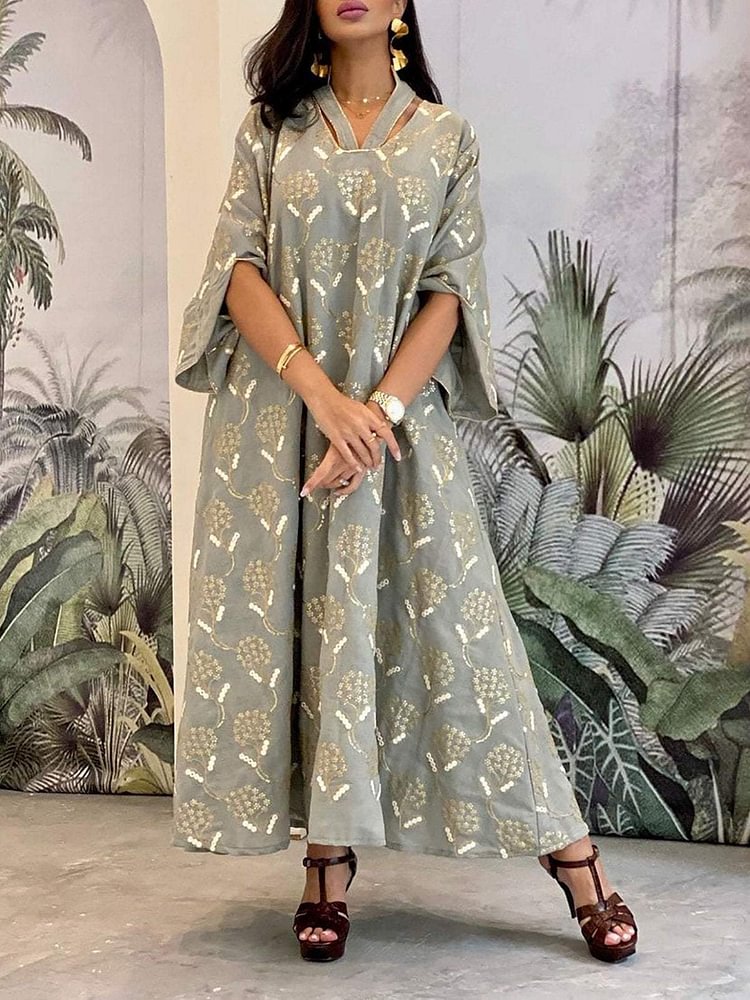 Elegant Floral Print V Neck Dress