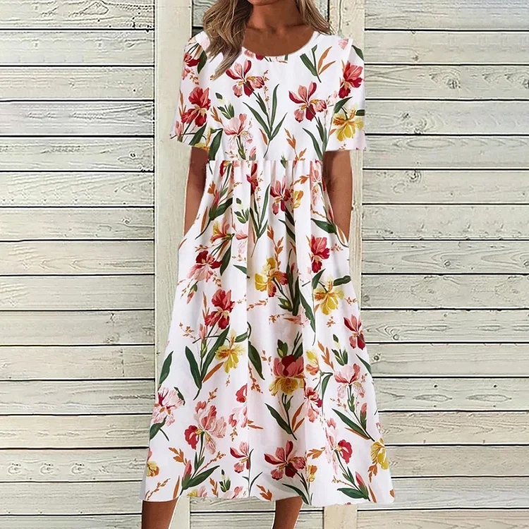 Comstylish Floral Print Round Neck Casual Midi Dress