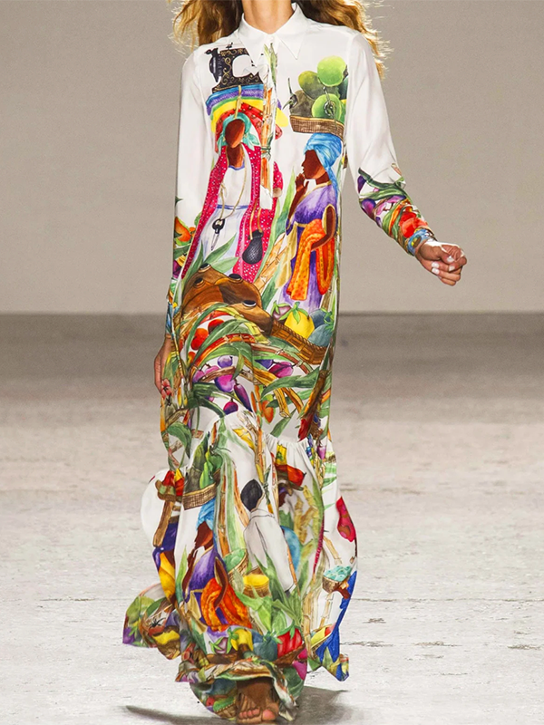 Long Sleeves Loose Asymmetric Printed Split-Joint Lapel Maxi Dresses Shirt Dress