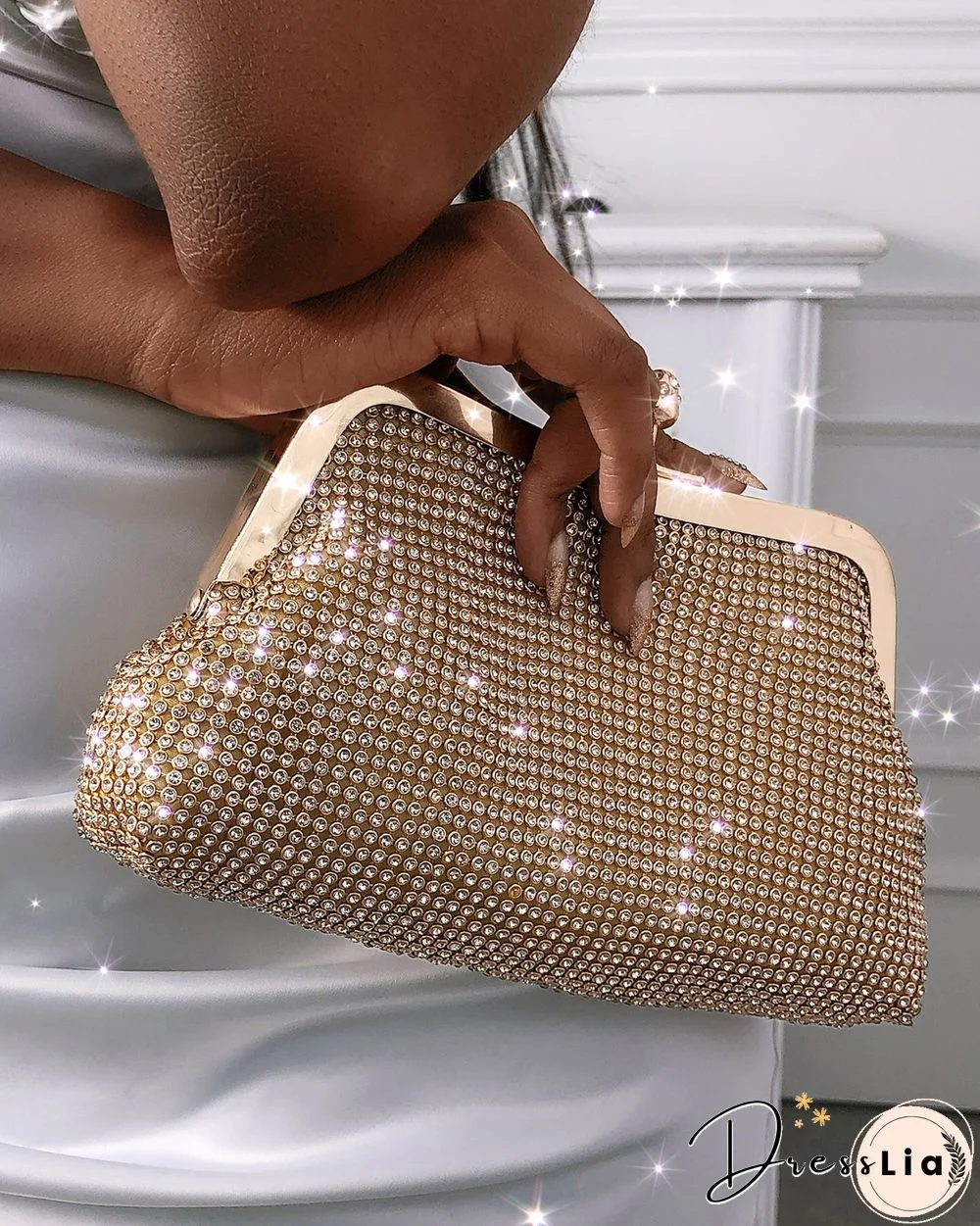 Metal Lock Studded Evening Clutch Bag