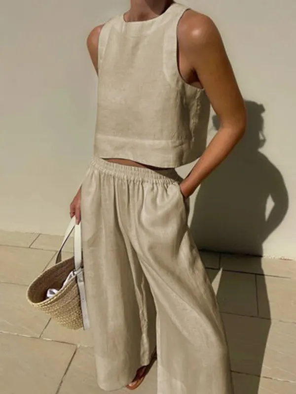 V-neck Vest & Wide-leg Trousers 2Pcs