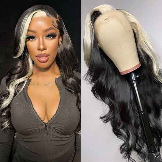 Skunk Stripe Black and Blonde Hair Glueless 13x4 Transparent Lace Front Wigs US Mall Lifes