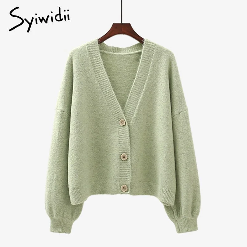 Syiwidii Green Cardigans Sweaters for Women Fall Winter 2021 Casual Oversized Knitted Jacket V Neck Button Up Long Sleeve Coats