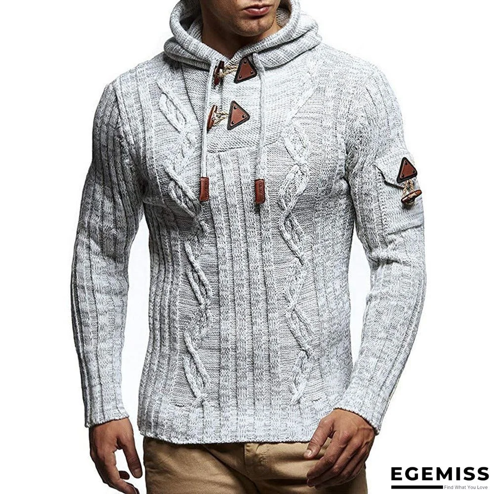 Men's Sweater Long Sleeve Hooded Horn Buckle Slim Knit Pullover | EGEMISS