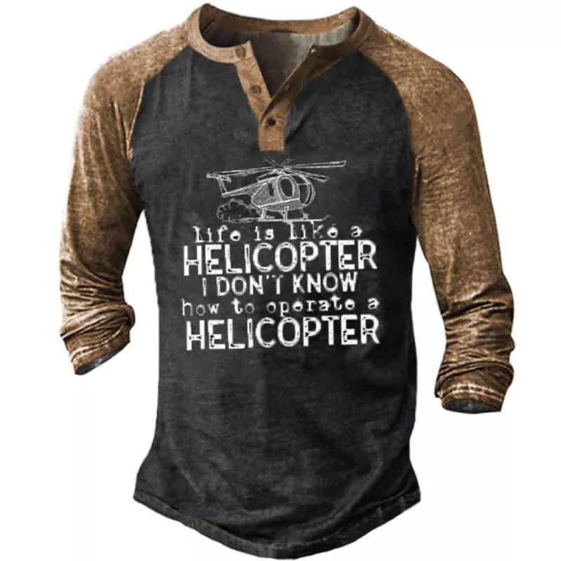 Men's Causal Helicopter Print Long Sleeve T-shirt