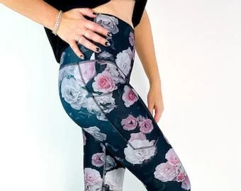 Pornhint FLORAL High Waisted POCKET Ladies Yoga LEGGINGS, Made in Canada Florence women's athletic tights