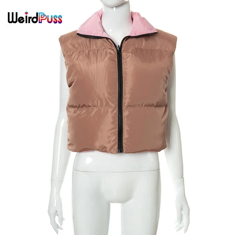 Weird Puss Puffer Bubble Jacket Vest Women Padded Thick Zipper Coat Tank Top Turtleneck Winter Warm Short Tops Casual Streetwear