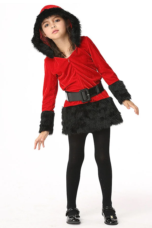 Fur Trim Hooded V Neck Christmas Dress Kids Girls Santa Claus Costume-elleschic