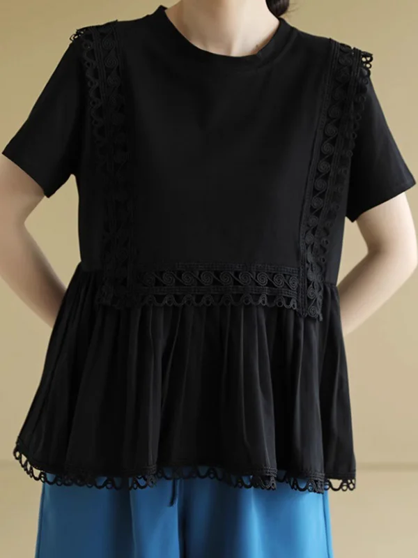 Pleated Solid Color Split-Joint Loose Short Sleeves Round-neck T-Shirts Tops