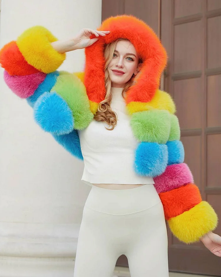 Coat with rainbow fur on sale hood