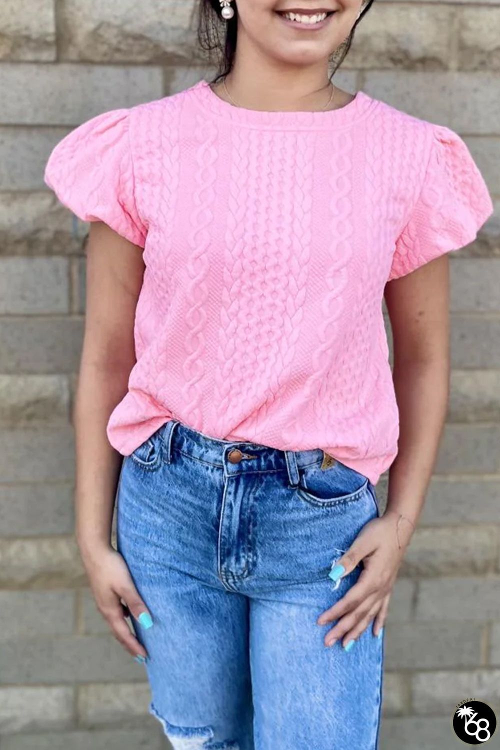 Pink Textured Puff Sleeve T Shirt | 168DEAL