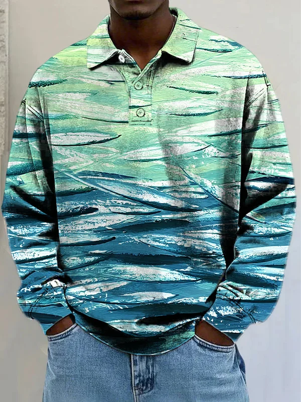 Men's Marine Art Sardines Print Casual Polo Sweatshirt