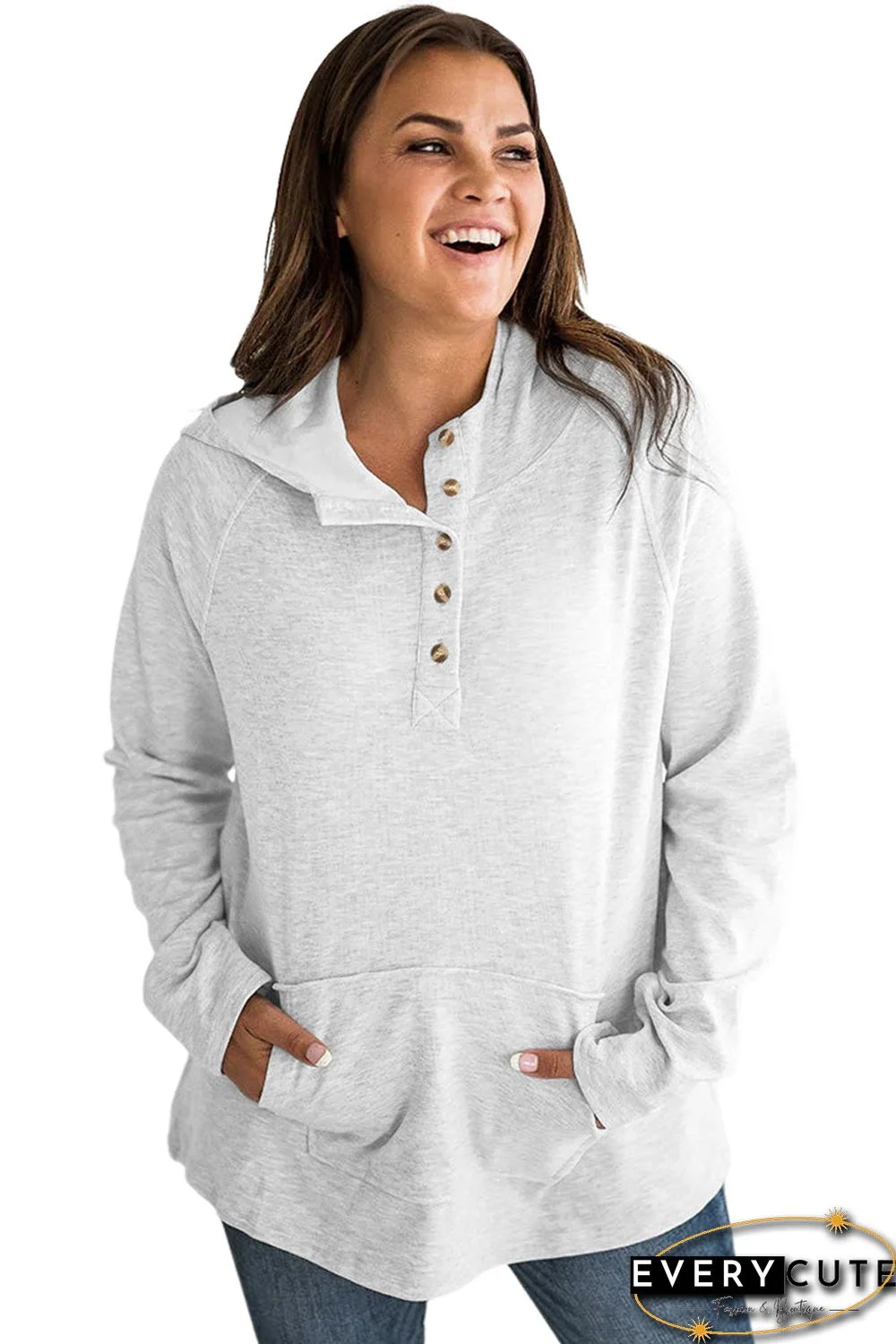 Gray Plus Size Kangaroo Pocket Henley Button Hoodie