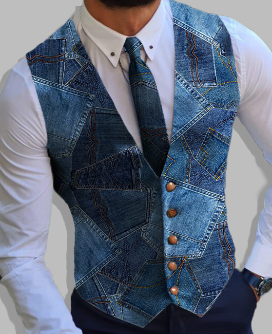 Business V Neck Single Breasted Denim Pattern Vest