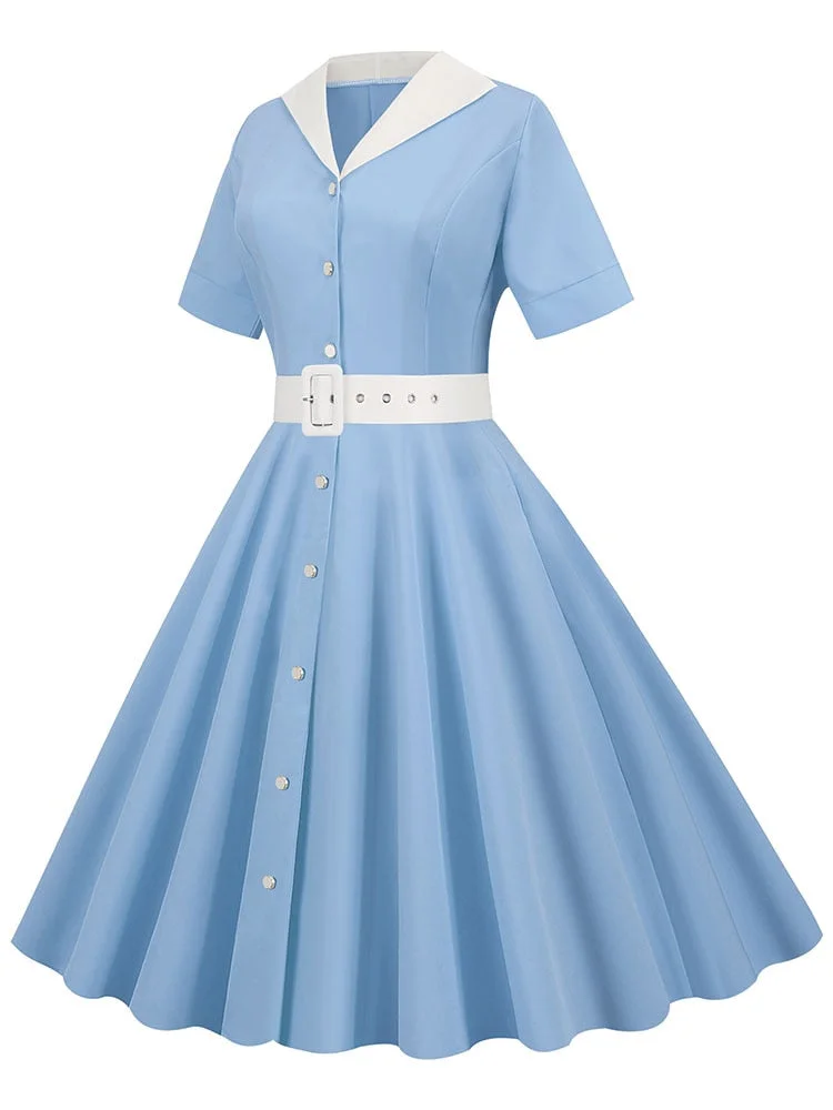 Vintage Turn-down Collar Blue Summer Dress Women Elegant Short Sleeve Solid Office Party Midi Sundres A-line High Waist Vestidos