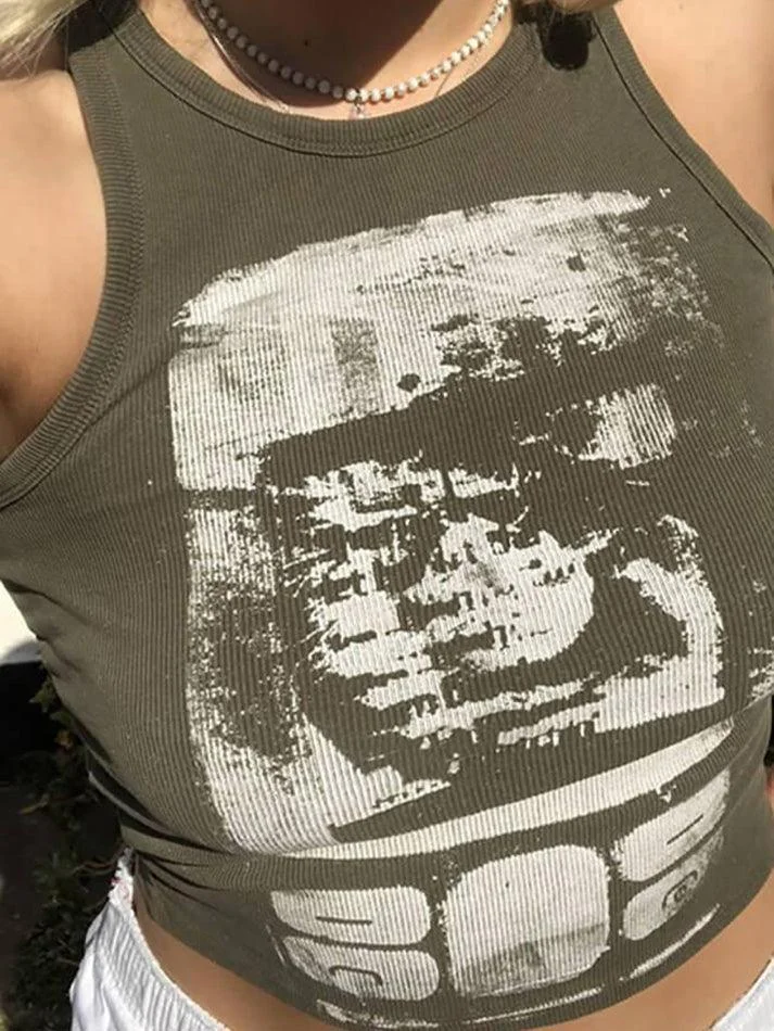 Brownm Abstract Print Rib Crop Tank Top