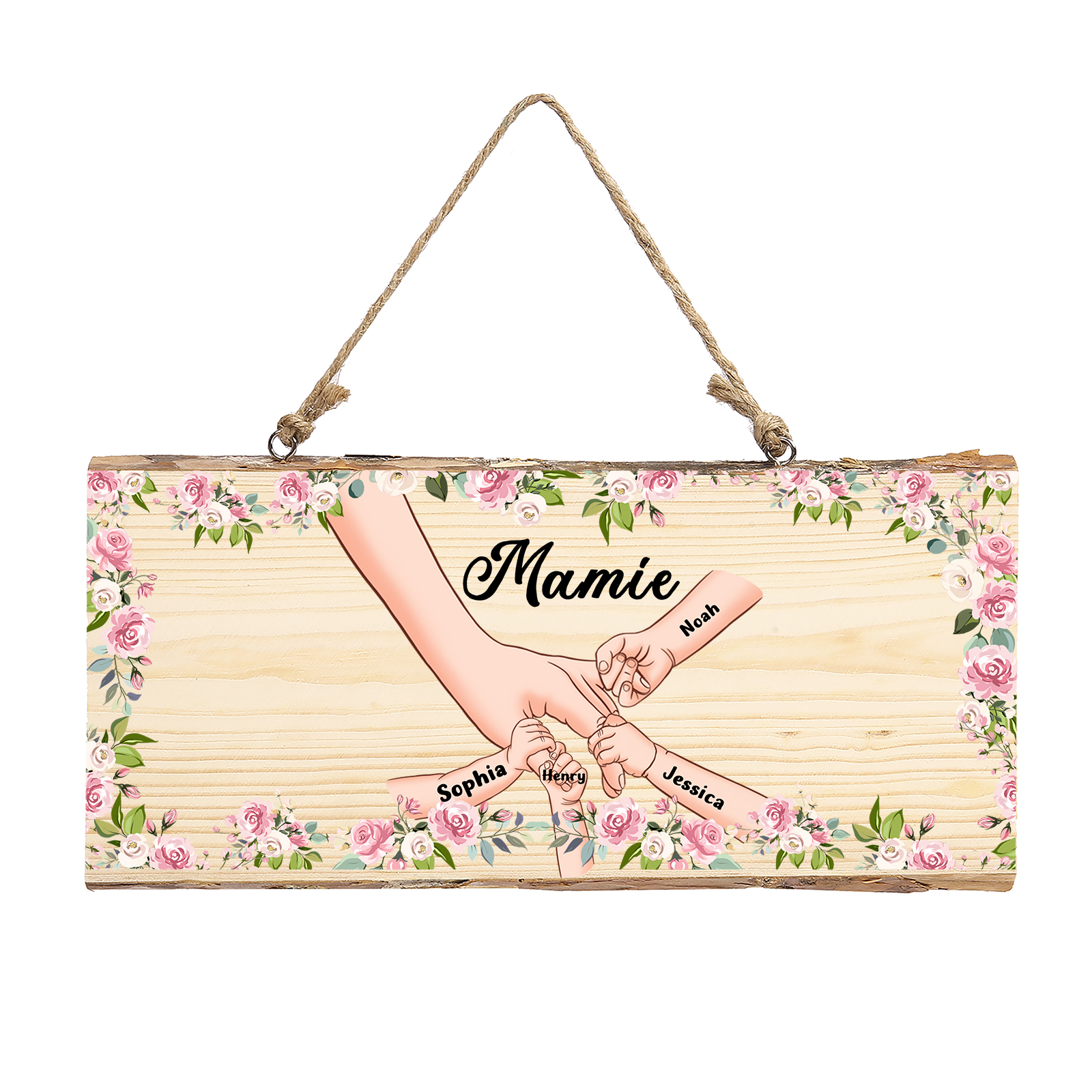 À ma Mamie - Décoration en bois la main dans la main 1-6 Prénoms Personnalisés pour Famille Peinture Décorative