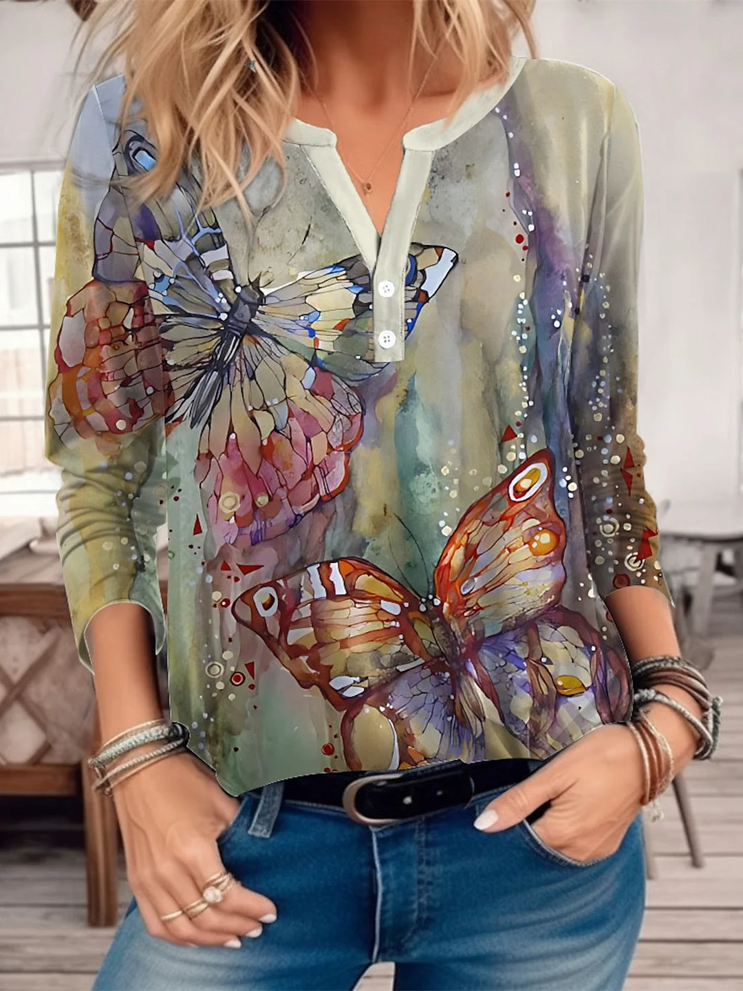 Women's Floral Geometric Graphic Printed Buttons Long Sleeve V-neck Top