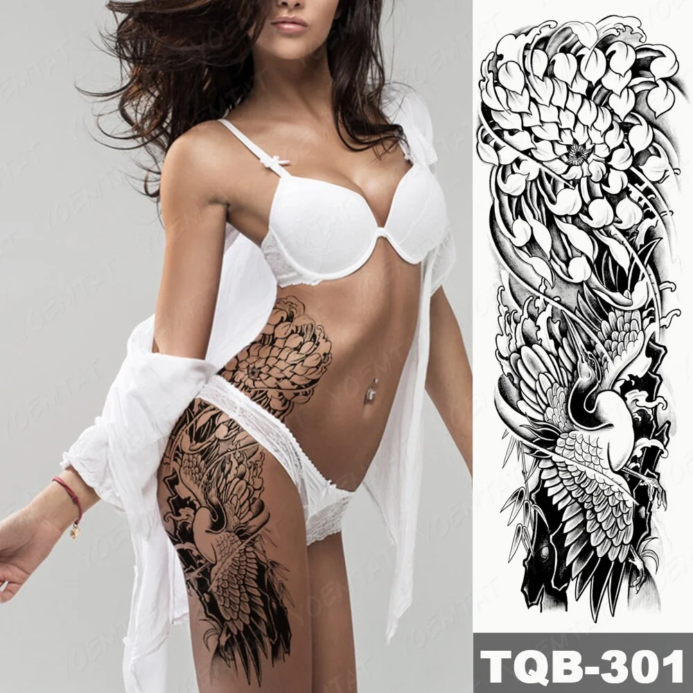 Sdrawing Arm Waterproof Traditional Temporary Tattoo Stickers Women Men Black Line Flowers Koi Crane Thigh Body Art Fake Tattoos