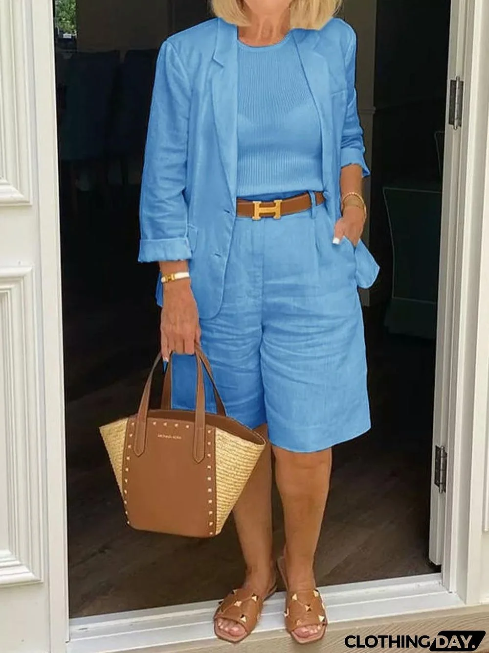 Casual Long Sleeve Coat and Shorts Two-piece Set