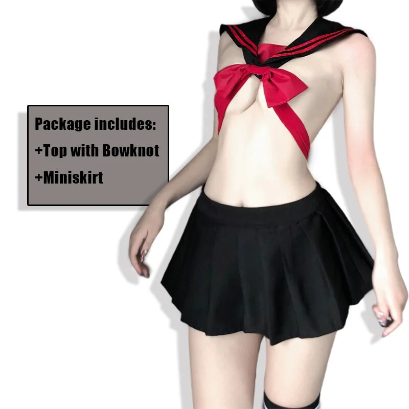 Billionm OJBK Sexy Young School Girl Backless Cosplay Costumes WIth Red Bowknot Temptation Sailor Top and Mini Skirt Set 2020 New Fashion