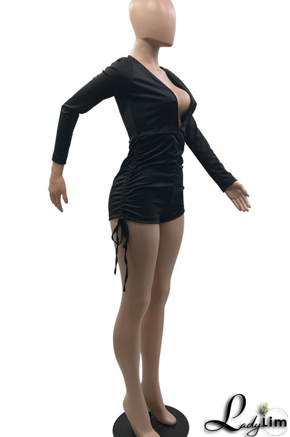 Black Sexy Solid Patchwork Fold V Neck Skinny Jumpsuits