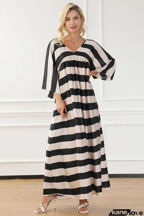 Striped V-Neck Ruched Dress