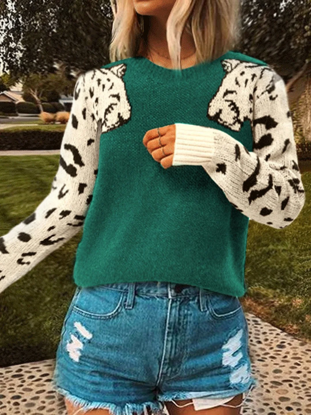 Plus Size Leopard Long Sleeve Casual Sweater
