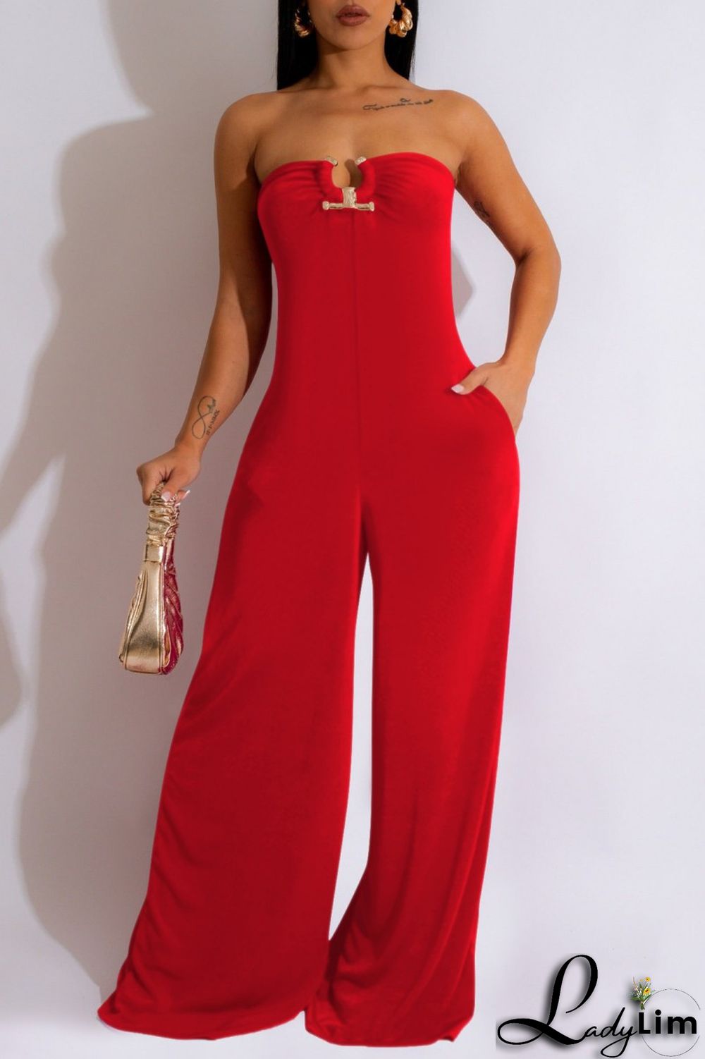 Red Sexy Casual Solid Backless Strapless Regular Jumpsuits