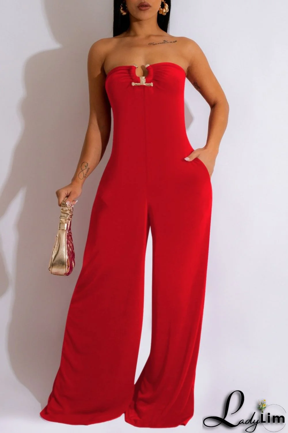 Red Sexy Casual Solid Backless Strapless Regular Jumpsuits
