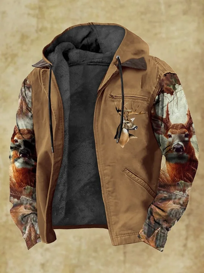 Men's Western Style Vintage Elk Plush Multi-Pocket Jacket